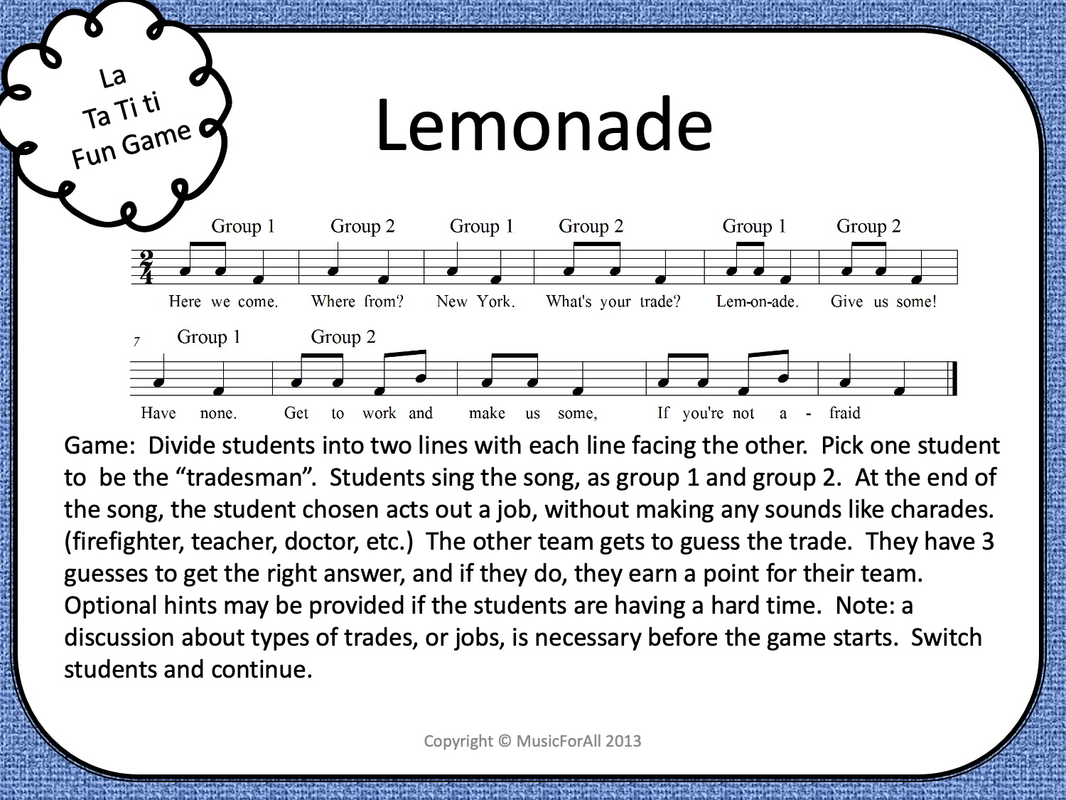 Elementary music game - Lemonade.  Melody and game directions