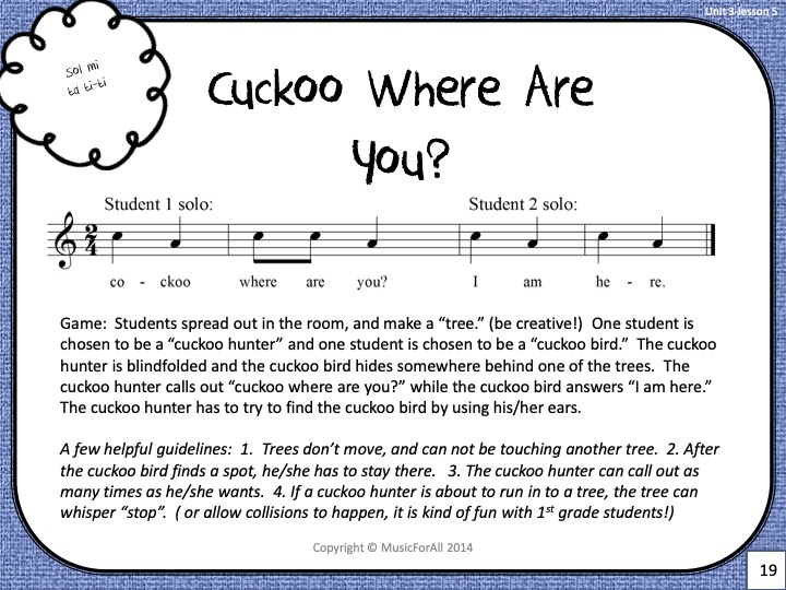 elementary music game - cuckoo where are you?  Melody and game directions